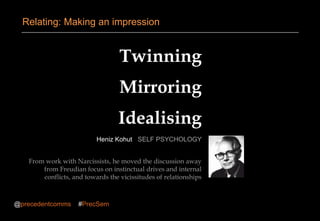 Twinning
Mirroring
Idealising
Heniz Kohut SELF PSYCHOLOGY
From work with Narcissists, he moved the discussion away
from Freudian focus on instinctual drives and internal
conflicts, and towards the vicissitudes of relationships
Relating: Making an impression
@precedentcomms #PrecSem
 