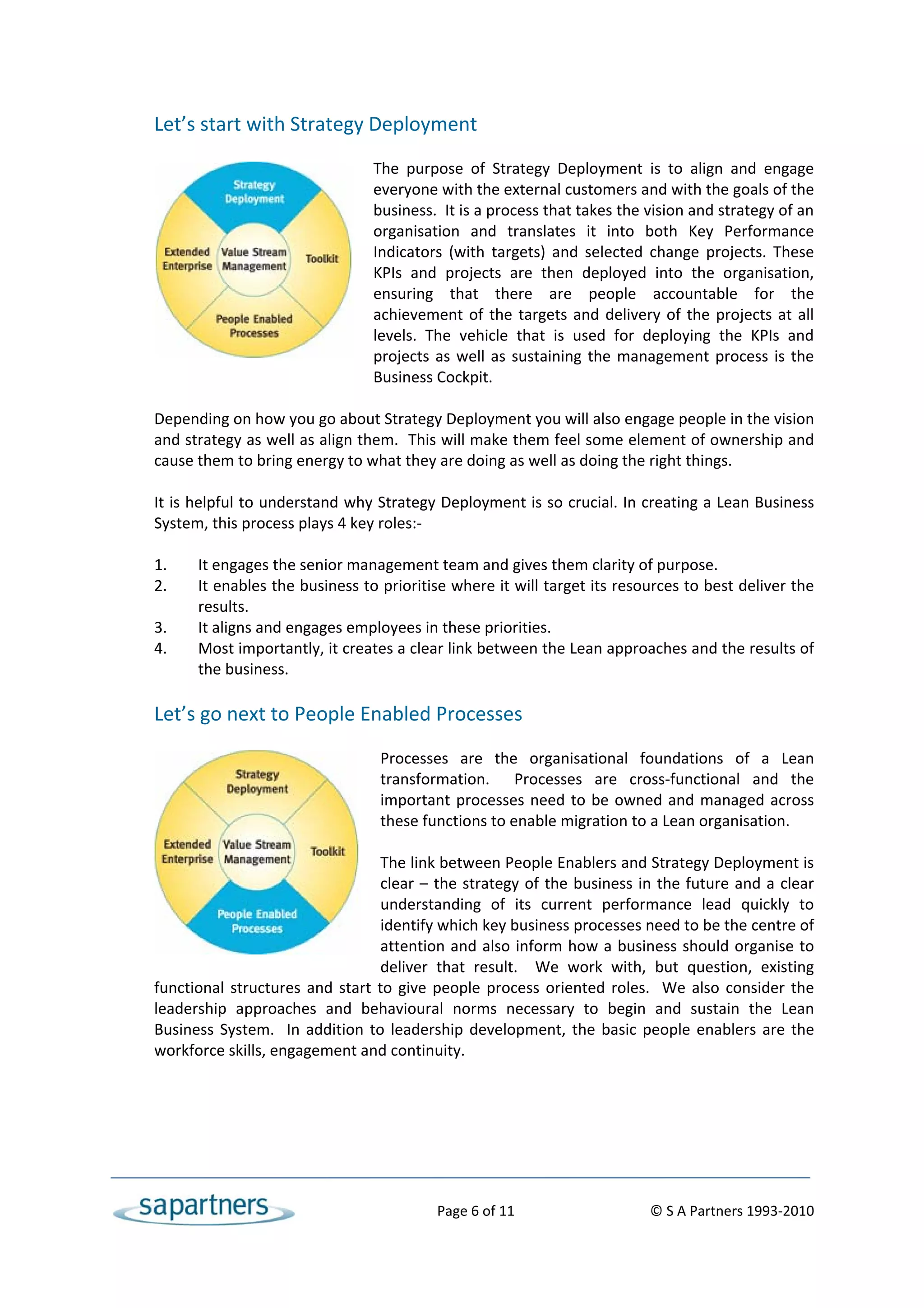 Let’s start with Strategy Deployment 
                                         
                                        The  purpose  of  Strategy  Deployment  is  to  align  and  engage 
                                        everyone with the external customers and with the goals of the 
                                        business.  It is a process that takes the vision and strategy of an 
                                        organisation  and  translates  it  into  both  Key  Performance 
                                        Indicators  (with  targets)  and  selected  change  projects.  These 
                                        KPIs  and  projects  are  then  deployed  into  the  organisation, 
                                        ensuring  that  there  are  people  accountable  for  the 
                                        achievement  of  the  targets  and  delivery  of  the  projects  at  all 
                                        levels.  The  vehicle  that  is  used  for  deploying  the  KPIs  and 
                                        projects  as  well  as  sustaining  the  management  process  is  the 
                                        Business Cockpit.    
     
    Depending on how you go about Strategy Deployment you will also engage people in the vision 
    and strategy as well as align them.  This will make them feel some element of ownership and 
    cause them to bring energy to what they are doing as well as doing the right things. 
     
    It is helpful to understand why Strategy Deployment is so crucial. In creating a Lean Business 
    System, this process plays 4 key roles:‐ 
     
    1.     It engages the senior management team and gives them clarity of purpose. 
    2.     It enables the business to prioritise where it will target its resources to best deliver the 
           results. 
    3.     It aligns and engages employees in these priorities. 
    4.     Most importantly, it creates a clear link between the Lean approaches and the results of 
           the business. 
 
    Let’s go next to People Enabled Processes 
                                          
                                         Processes  are  the  organisational  foundations  of  a  Lean 
                                         transformation.    Processes  are  cross‐functional  and  the 
                                         important  processes  need  to  be  owned  and  managed  across 
                                         these functions to enable migration to a Lean organisation.   
                                          
                                         The link between People Enablers and Strategy Deployment is 
                                         clear  –  the  strategy  of  the  business  in  the  future  and  a  clear 
                                         understanding  of  its  current  performance  lead  quickly  to 
                                         identify which key business processes need to be the centre of 
                                         attention  and  also  inform  how  a  business  should  organise  to 
                                         deliver  that  result.    We  work  with,  but  question,  existing 
    functional  structures  and  start  to  give  people  process  oriented  roles.    We  also  consider  the 
    leadership  approaches  and  behavioural  norms  necessary  to  begin  and  sustain  the  Lean 
    Business  System.    In  addition  to  leadership  development,  the  basic  people  enablers  are  the 
    workforce skills, engagement and continuity.  
     




                                                      Page 6 of 11                                   © S A Partners 1993‐2010 
 
