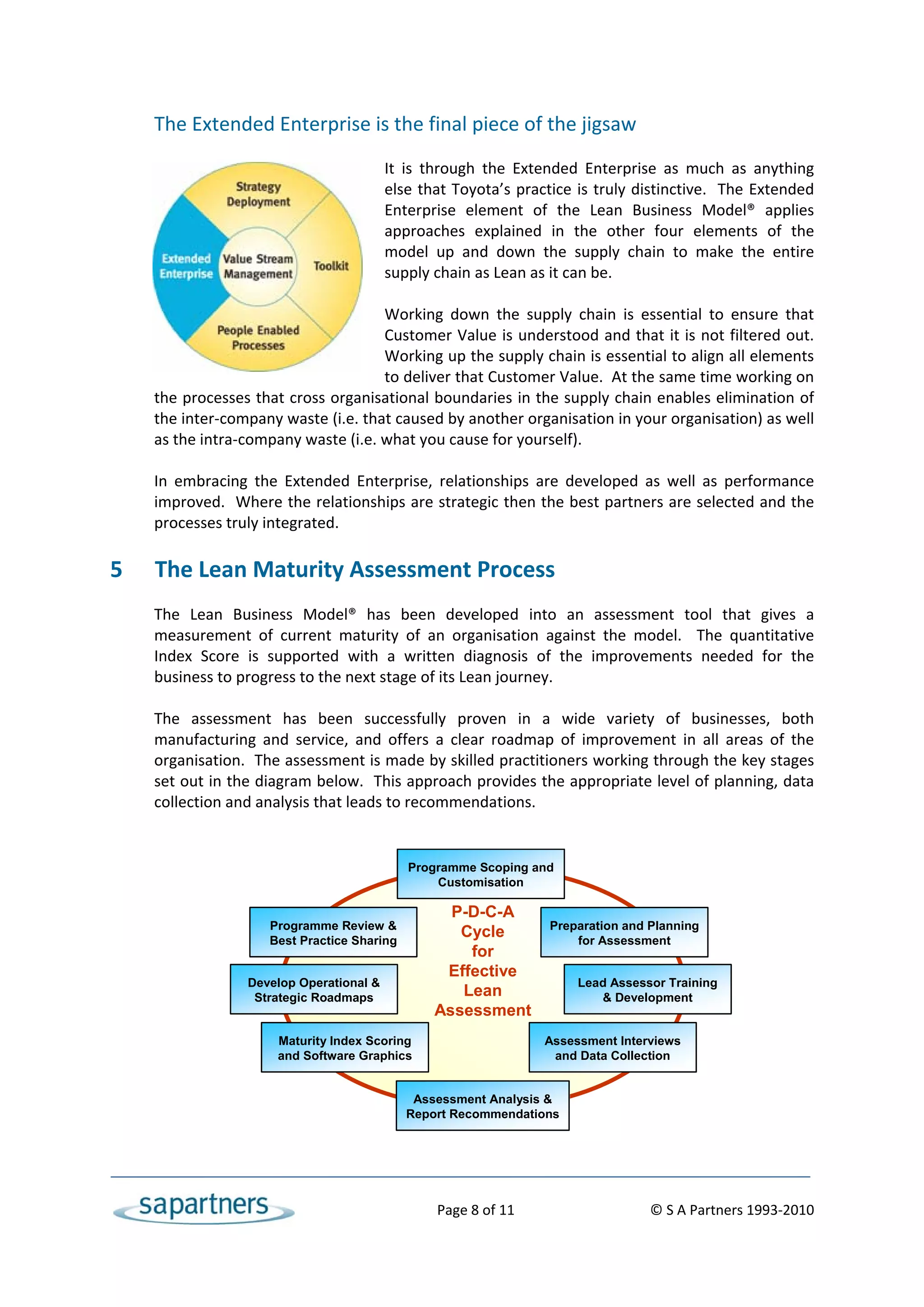 The Extended Enterprise is the final piece of the jigsaw 
                                       
                                      It  is  through  the  Extended  Enterprise  as  much  as  anything 
                                      else that Toyota’s practice is truly distinctive.  The  Extended 
                                      Enterprise  element  of  the  Lean  Business  Model®  applies 
                                      approaches  explained  in  the  other  four  elements  of  the 
                                      model  up  and  down  the  supply  chain  to  make  the  entire 
                                      supply chain as Lean as it can be. 
                                       
                                      Working  down  the  supply  chain  is  essential  to  ensure  that 
                                      Customer Value is understood and that it is not filtered out.  
                                      Working up the supply chain is essential to align all elements 
                                      to deliver that Customer Value.  At the same time working on 
    the processes that cross organisational boundaries in the supply chain enables elimination of 
    the inter‐company waste (i.e. that caused by another organisation in your organisation) as well 
    as the intra‐company waste (i.e. what you cause for yourself). 
     
    In  embracing  the  Extended  Enterprise,  relationships  are  developed  as  well  as  performance 
    improved.  Where the relationships are strategic then the best partners are selected and the 
    processes truly integrated. 
     
5   The Lean Maturity Assessment Process 
    The  Lean  Business  Model®  has  been  developed  into  an  assessment  tool  that  gives  a 
    measurement  of  current  maturity  of  an  organisation  against  the  model.    The  quantitative 
    Index  Score  is  supported  with  a  written  diagnosis  of  the  improvements  needed  for  the 
    business to progress to the next stage of its Lean journey. 
     
    The  assessment  has  been  successfully  proven  in  a  wide  variety  of  businesses,  both 
    manufacturing  and  service,  and  offers  a  clear  roadmap  of  improvement  in  all  areas  of  the 
    organisation.  The assessment is made by skilled practitioners working through the key stages 
    set out in the diagram below.  This approach provides the appropriate level of planning, data 
    collection and analysis that leads to recommendations. 
 
 
                                             Programme Scoping and
                                                 Customisation

                                                      P-D-C-A
                     Programme Review &
                                                       Cycle              Preparation and Planning
                     Best Practice Sharing                                    for Assessment
                                                        for
                                                     Effective
                  Develop Operational &                                         Lead Assessor Training
                   Strategic Roadmaps                  Lean                        & Development
                                                    Assessment
                       Maturity Index Scoring                             Assessment Interviews
                       and Software Graphics                               and Data Collection
 
                                              Assessment Analysis &
                                             Report Recommendations




                                                       Page 8 of 11                                    © S A Partners 1993‐2010 
 