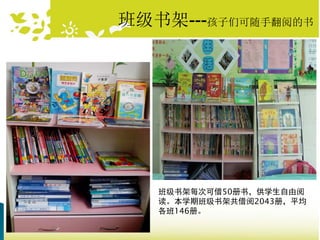 班级书架---孩子们可随手翻阅的书
班级书架每次可借50册书，供学生自由阅
读。本学期班级书架共借阅2043册，平均
各班146册。
 