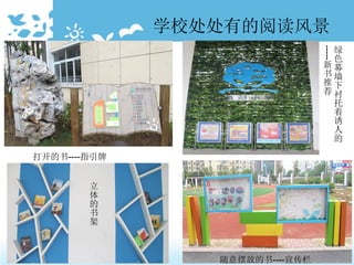 学校处处有的阅读风景
打开的书----指引牌
随意摆放的书----宣传栏
立
体
的
书
架
绿
色
幕
墙
下
衬
托
着
诱
人
的
-----
新
书
推
荐
 