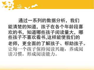 通过一系列的数据分析，我们
能清楚的知道，孩子在各个年龄段喜
欢的书，知道哪些孩子阅读量大，哪
些孩子不喜欢看书,这样能使我们的
老师，更全面的了解孩子、帮助孩子。
让每一个孩子保持阅读兴趣，养成阅
读习惯，形成阅读能力。
 