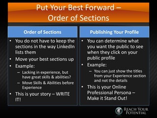 Put Your Best Forward –
Order of Sections
Order of Sections
• You do not have to keep the
sections in the way LinkedIn
lists them
• Move your best sections up
• Example:
– Lacking in experience, but
have great skills & abilities?
– Move Skills & Abilities before
Experience

• This is your story – WRITE
IT!

Publishing Your Profile
• You can determine what
you want the public to see
when they click on your
public profile
• Example:
– You can just show the titles
from your Experience section
and not the details

• This is your Online
Professional Persona –
Make it Stand Out!

 