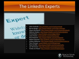 The LinkedIn Experts

•
•
•
•
•
•
•
•
•
•
•
•
•

Sahar Andrade: http://linkedin.com/in/saharandrade
Bernie Borges: http://www.linkedin.com/in/bernieborges
Wayne Breitbarth: http://www.linkedin.com/in/waynebreitbarth
Melonie Dodaro: http://www.linkedin.com/in/meloniedodaro
JD Gershbein, http://linkedin.com/in/jdgershbein
Lewis Howes: www.linkedin.com/in/lewishowes
Rick Itzkowich: http://www.linkedin.com/in/ritzkowich
Nathan Kievman: http://linkedin.com/in/nathankievman
Colleen McKenna: http://www.linkedin.com/in/colleenmckenna
Flynn Penoyer: www.linkedin.com/in/flynpenoyer
Neal Schaffer: http://www.linkedin.com/in/nealschaffer
Jan Vermerien: http://be.linkedin.com/in/janvermeiren
Viveka von Rosen: http://linkedin.com/in/linkedinexpert

 