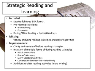 Strategic Reading and
      Learning
• Included:
   – Loosely followed BDA format
   – Pre-reading strategies:
       • Brainstorming
       • Previewing
   – During/After Reading = Notes/Handouts
• Missing:
   – Variety of during reading strategies and closure activities
• Improvements:
   – Clarity and variety of before reading strategies
   – Inclusion of multiple forms of during reading strategies
       •   Post-It annotations
       •   Reader’s Workshop
       •   MANY vocabulary activities
       •   Conversation between characters writing
   – Additions to after reading activities (more writing)
 