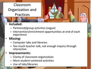 Classroom
 Organization and
     Practices

• Included:
   – Partnered/group activities (vague)
   – Intervention/enrichment opportunities at end of each
     experience
• Missing:
   – Computer labs and libraries
   – Too much teacher talk, not enough inquiry through
     interaction
• Improvements:
   – Clarity of classroom organization
   – More student-centered activities
   – Use of labs/libraries
 
