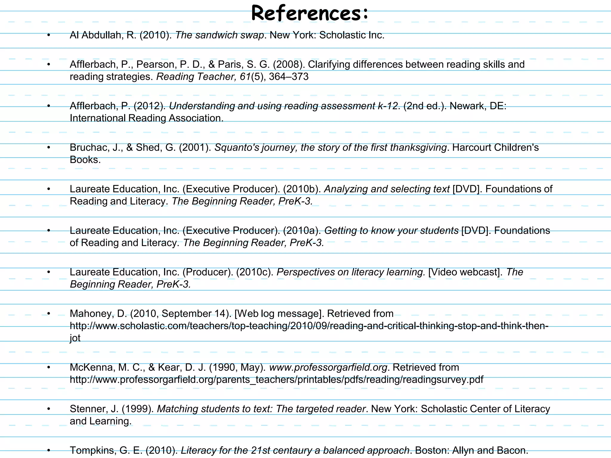 References:
•   Al Abdullah, R. (2010). The sandwich swap. New York: Scholastic Inc.

•   Afflerbach, P., Pearson, P. D., & Paris, S. G. (2008). Clarifying differences between reading skills and
    reading strategies. Reading Teacher, 61(5), 364–373

•   Afflerbach, P. (2012). Understanding and using reading assessment k-12. (2nd ed.). Newark, DE:
    International Reading Association.

•   Bruchac, J., & Shed, G. (2001). Squanto's journey, the story of the first thanksgiving. Harcourt Children's
    Books.

•   Laureate Education, Inc. (Executive Producer). (2010b). Analyzing and selecting text [DVD]. Foundations of
    Reading and Literacy. The Beginning Reader, PreK-3.

•   Laureate Education, Inc. (Executive Producer). (2010a). Getting to know your students [DVD]. Foundations
    of Reading and Literacy. The Beginning Reader, PreK-3.

•   Laureate Education, Inc. (Producer). (2010c). Perspectives on literacy learning. [Video webcast]. The
    Beginning Reader, PreK-3.

•   Mahoney, D. (2010, September 14). [Web log message]. Retrieved from
    http://www.scholastic.com/teachers/top-teaching/2010/09/reading-and-critical-thinking-stop-and-think-then-
    jot

•   McKenna, M. C., & Kear, D. J. (1990, May). www.professorgarfield.org. Retrieved from
    http://www.professorgarfield.org/parents_teachers/printables/pdfs/reading/readingsurvey.pdf

•   Stenner, J. (1999). Matching students to text: The targeted reader. New York: Scholastic Center of Literacy
    and Learning.

•   Tompkins, G. E. (2010). Literacy for the 21st centaury a balanced approach. Boston: Allyn and Bacon.
 