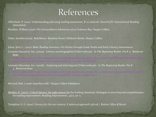 Afflerbach, P. (2012). Understanding and using reading assessment, K–12 (2nd ed). Newark,DE: International Reading
Association.
Boniface, William.(2006 )The Extraordinary Adventures of an Ordinary Boy. Harper Collins.
Holm, Jennifer.(2009). BabyMouse. Random House Children’s Books. Harper Collins.
Johns, Jerry L., (2012). Basic Reading Inventory: Pre-Primer through Grade Twelve and Early Literacy Assessments
Laureate Education, Inc. (2012a). Literacy autobiographies [Video webcast]. In The Beginning Reader, Pre K-3. Retrieved
from
https://class.waldenu.edu/webapps/portal/frameset.jsp?tab_tab_group_id=_2_1&url=%2Fwebapps%2Fblackboard%2F
execute%2Flauncher%3Ftype%3DCourse%26id%3D_3467456_1%26url%3D
Laureate Education, Inc. (2012b). Analyzing and selecting text [Video webcast]. In The Beginning Reader, Pre K3. Retrieved from
https://class.waldenu.edu/webapps/portal/frameset.jsp?tab_tab_group_id=_2_1&url=%2Fwebapps%2Fblackboard%2F
execute%2Flauncher%3Ftype%3DCourse%26id%3D_3467456_1%26url%3D
McLeod, Bob. ( 2006) Superhero ABC. Harper Collins Publishers.
Molden, K. (2007). Critical literacy, the right answer for the reading classroom: Strategies to move beyond comprehension
for reading improvement. Reading Improvement, 44(1), 50–5
Tompkins, G. E. (2010). Literacy for the 21st century: A balanced approach (5th ed.). Boston: Allyn & Bacon

 