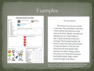 Johns, Jerry L., (2012). Basic Reading Inventory: Pre-Primer
through Grade Twelve and Early Literacy Assessments

 