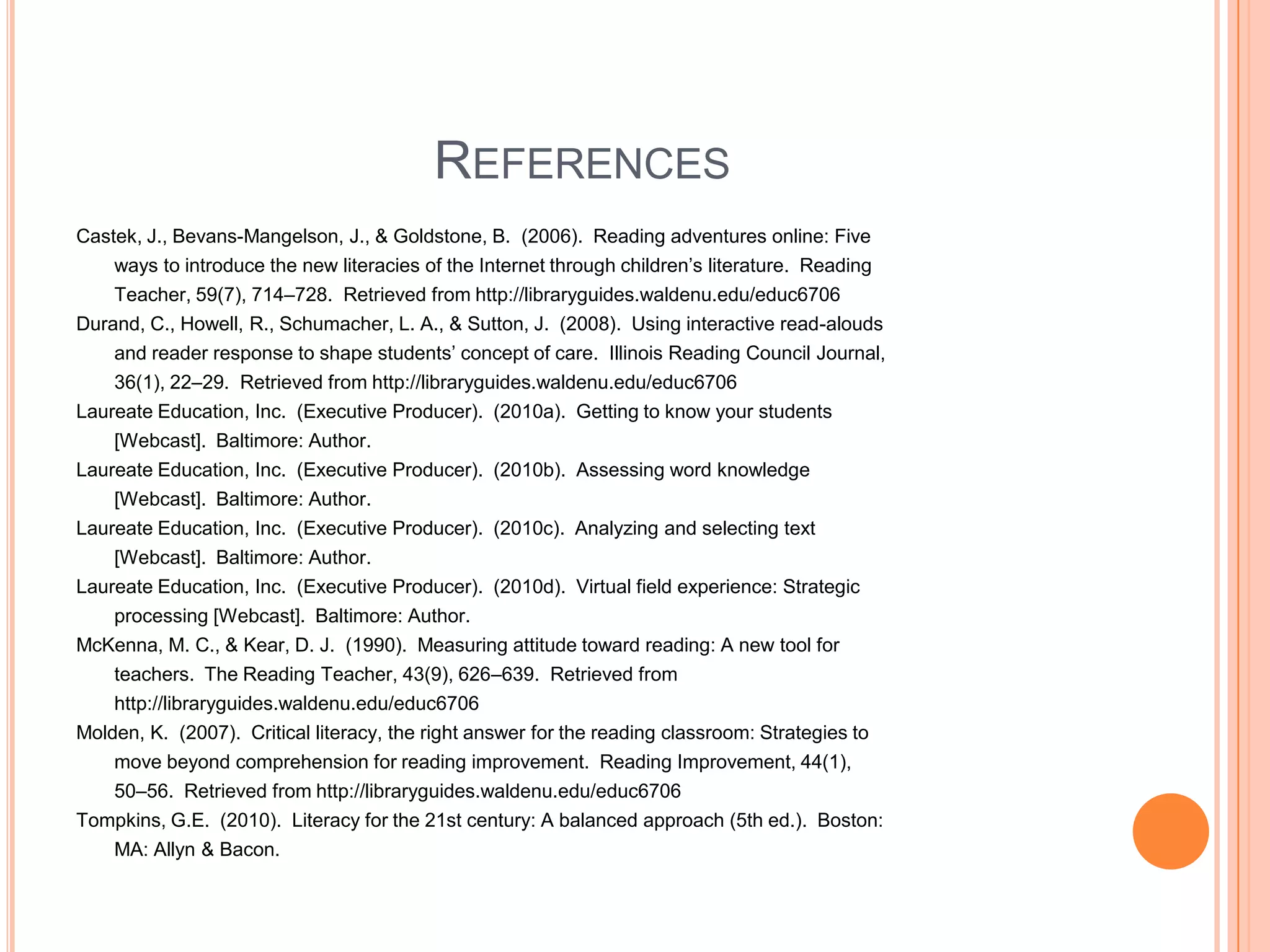 REFERENCES
Castek, J., Bevans-Mangelson, J., & Goldstone, B. (2006). Reading adventures online: Five
    ways to introduce the new literacies of the Internet through children’s literature. Reading
    Teacher, 59(7), 714–728. Retrieved from http://libraryguides.waldenu.edu/educ6706
Durand, C., Howell, R., Schumacher, L. A., & Sutton, J. (2008). Using interactive read-alouds
    and reader response to shape students’ concept of care. Illinois Reading Council Journal,
    36(1), 22–29. Retrieved from http://libraryguides.waldenu.edu/educ6706
Laureate Education, Inc. (Executive Producer). (2010a). Getting to know your students
    [Webcast]. Baltimore: Author.
Laureate Education, Inc. (Executive Producer). (2010b). Assessing word knowledge
    [Webcast]. Baltimore: Author.
Laureate Education, Inc. (Executive Producer). (2010c). Analyzing and selecting text
    [Webcast]. Baltimore: Author.
Laureate Education, Inc. (Executive Producer). (2010d). Virtual field experience: Strategic
    processing [Webcast]. Baltimore: Author.
McKenna, M. C., & Kear, D. J. (1990). Measuring attitude toward reading: A new tool for
    teachers. The Reading Teacher, 43(9), 626–639. Retrieved from
    http://libraryguides.waldenu.edu/educ6706
Molden, K. (2007). Critical literacy, the right answer for the reading classroom: Strategies to
    move beyond comprehension for reading improvement. Reading Improvement, 44(1),
    50–56. Retrieved from http://libraryguides.waldenu.edu/educ6706
Tompkins, G.E. (2010). Literacy for the 21st century: A balanced approach (5th ed.). Boston:
    MA: Allyn & Bacon.
 