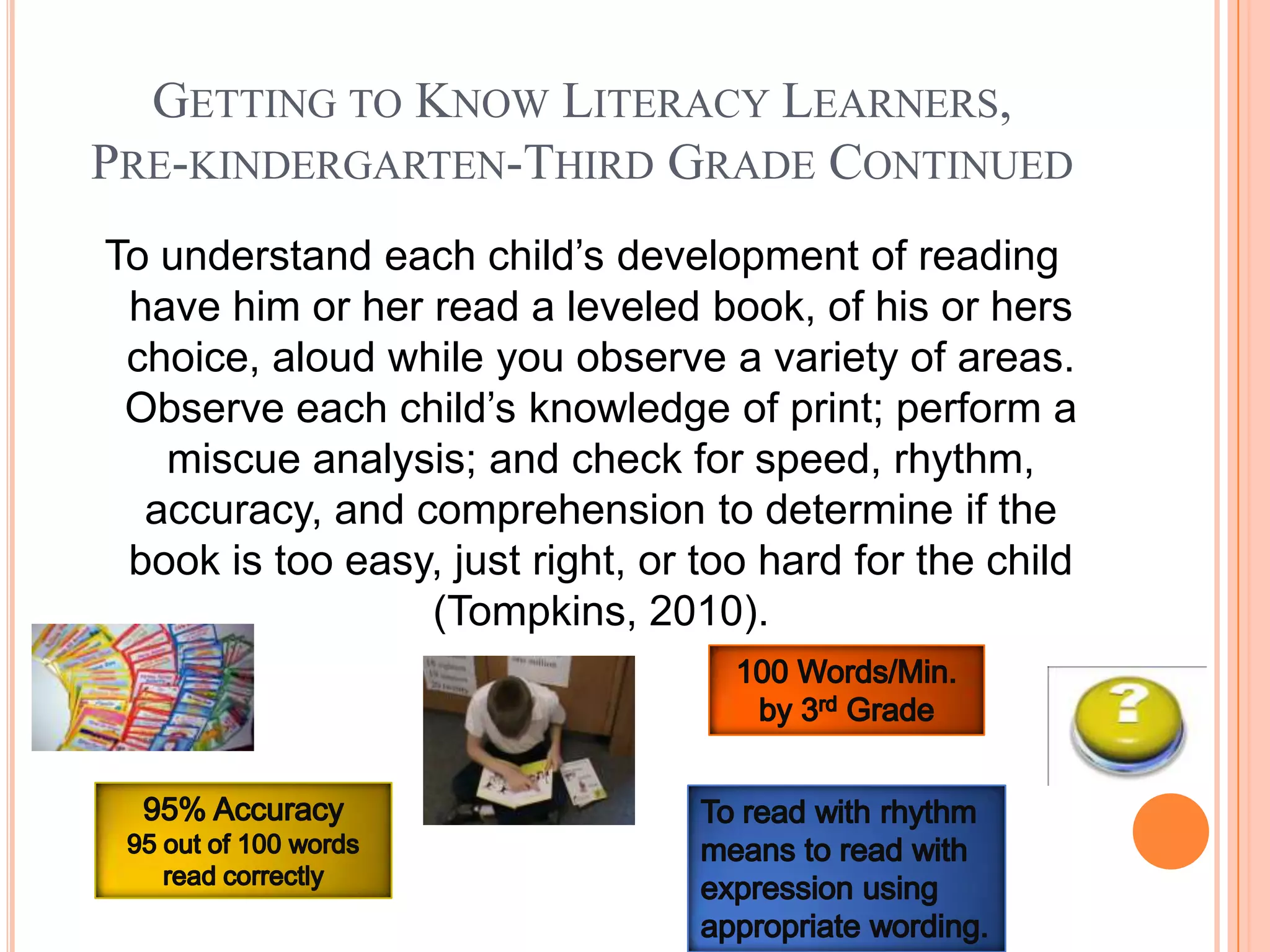 GETTING TO KNOW LITERACY LEARNERS,
PRE-KINDERGARTEN-THIRD GRADE CONTINUED
To understand each child’s development of reading
 have him or her read a leveled book, of his or hers
 choice, aloud while you observe a variety of areas.
 Observe each child’s knowledge of print; perform a
   miscue analysis; and check for speed, rhythm,
  accuracy, and comprehension to determine if the
 book is too easy, just right, or too hard for the child
                 (Tompkins, 2010).
 