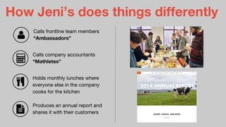 How Jeni’s does things differently
Calls frontline team members
“Ambassadors”
Calls company accountants
“Mathletes”
Holds monthly lunches where
everyone else in the company
cooks for the kitchen
Produces an annual report and
shares it with their customers
 