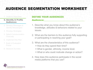 AUDIENCE SEGMENTATION WORKSHEET
1. Goals & Objectives
2. Identify & Profile
Audiences
3. Develop Messages &
Identify Messengers
4. Develop Strategies
5. Select Communication
Channels
6. Implement the Plan
7. Build in Evaluation
Points
8. Measure Success
DEFINE YOUR AUDIENCES
Audience:_____________________________________
1. Describe what you know about this audience’s
knowledge, attitudes & behaviors related to your
issues.
2. What are the barriers to this audience fully supporting
or participating in reaching your goal?
3. What are the characteristics of this audience?
 How do they spend their time?
 What is gender, ethnicity, income level.
 What or who could motivate change or action?
4. How does this audience participate in the social
media platforms that you use?
 