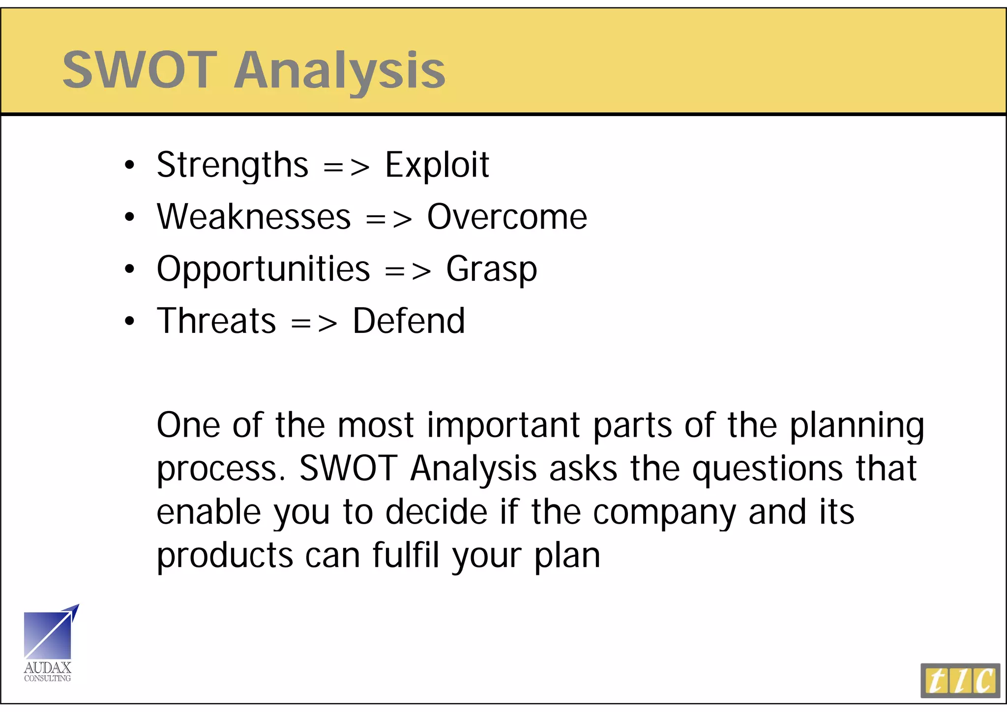SWOT Analysis
         y
  •   Strengths => Exploit
           g          p
  •   Weaknesses => Overcome
  •   Opportunities => Grasp
  •   Threats => Defend

      One of the most important parts of the planning
                           p       p         p      g
      process. SWOT Analysis asks the questions that
      enable you to decide if the company and its
             y                       p y
      products can fulfil your plan
 