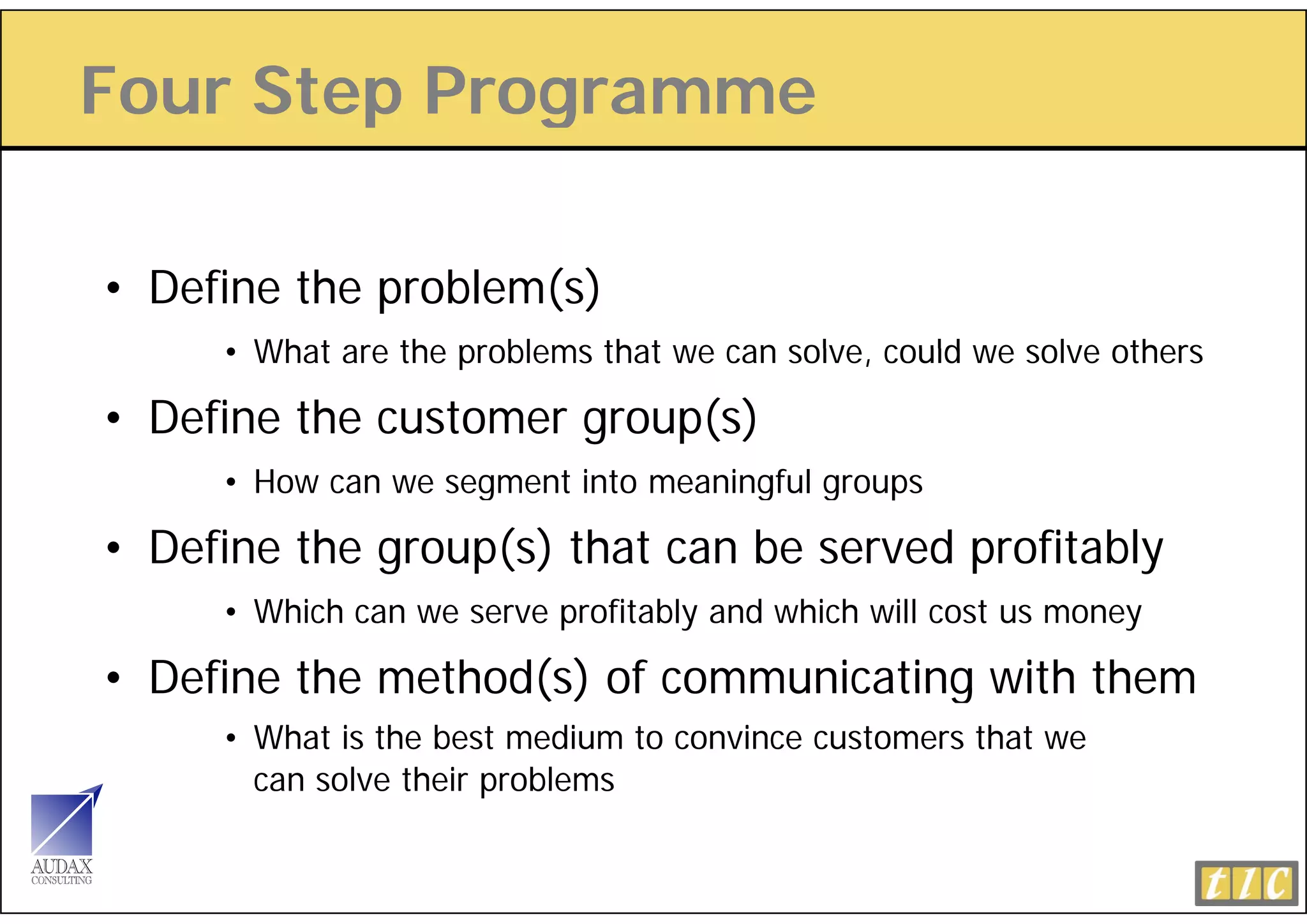 Four Step Programme
        p    g

• Define the problem(s)
     • What are the problems that we can solve could we solve others
                                         solve,

• Define the customer group(s)
     • How can we segment into meaningful groups

• Define the group(s) that can be served profitably
     • Which can we serve profitably and which will cost us money

• Define the method(s) of communicating with them
     • What is the best medium to convince customers that we
       can solve their problems
 