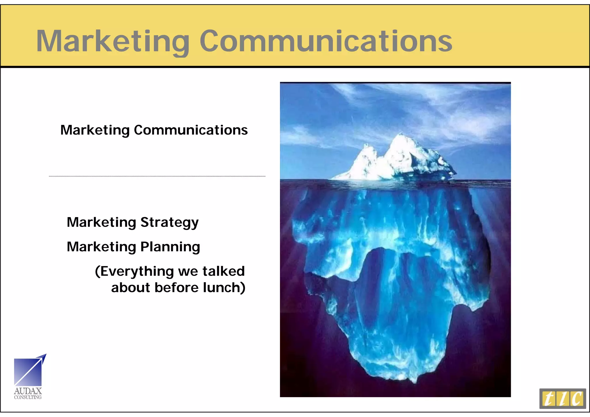 Marketing Communications
        g

 Marketing Communications




 Marketing Strategy
 Marketing Planning
     (Everything we talked
       about before lunch)
 