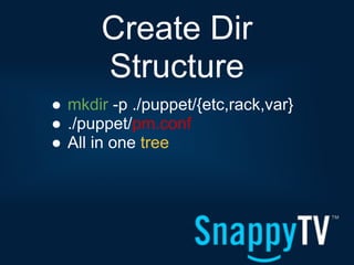 Create Dir
       Structure
● mkdir -p ./puppet/{etc,rack,var}
● ./puppet/pm.conf
● All in one tree
 