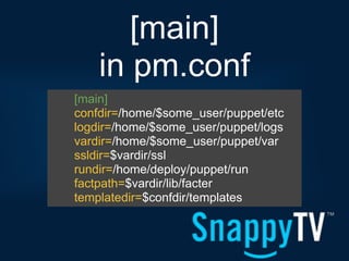 [main]
    in pm.conf
[main]
confdir=/home/$some_user/puppet/etc
logdir=/home/$some_user/puppet/logs
vardir=/home/$some_user/puppet/var
ssldir=$vardir/ssl
rundir=/home/deploy/puppet/run
factpath=$vardir/lib/facter
templatedir=$confdir/templates
 