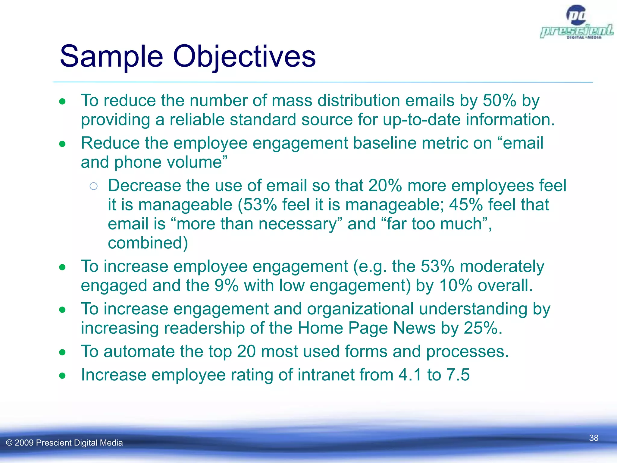 Sample Objectives To reduce the number of mass distribution emails by 50% by providing a reliable standard source for up-to-date information. Reduce the employee engagement baseline metric on “email and phone volume” Decrease the use of email so that 20% more employees feel it is manageable (53% feel it is manageable; 45% feel that email is “more than necessary” and “far too much”, combined) To increase employee engagement (e.g. the 53% moderately engaged and the 9% with low engagement) by 10% overall. To increase engagement and organizational understanding by increasing readership of the Home Page News by 25%. To automate the top 20 most used forms and processes. Increase employee rating of intranet from 4.1 to 7.5 © 2009 Prescient Digital Media 