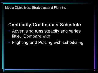 Media Objectives, Strategies and Planning
Continuity/Continuous Schedule
• Advertising runs steadily and varies
little. Compare with:
• Flighting and Pulsing with scheduling
 