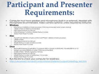 Participant and Presenter Requirements:Computer must have speakers and microphone (built-in or external). Headset with microphone recommended. Video camera optional, unless required by instructor. Windows Intel Pentium II 450Mhz or faster processor (1GHz recommended when screen-sharing) 128MB of RAM (512MB recommended) High Speed Internet (no dial up) Internet Explorer 7 or later or Mozilla Firefox 2 or later Adobe Flash Player 9 or later Mac PowerPC G3 500 MHz or faster or Intel Core™ DUO 1.83GHz or faster processor 128MB of RAM High Speed Internet (no dial up) Mozilla Firefox 2 or later or Safari 2 or later Adobe Flash Player 9 or later Linux Red Hat® Enterprise Linux® (REHL) 3 update 8; RHEL 4 update 4 (AS/ES/WS); NovellSUSE® 9x or 10.1 Modern processor 800MGz or faster (1GHz recommended) 512MB of RAM; 128 MB of graphics memory High Speed Internet (no dial up) Mozilla Firefox 2 or later or SeaMonkey 1.0.5 or later Adobe Flash Player 9 or later Run this link to check your computer for readiness:http://ukconnect.acrobat.com/common/help/en/support/meeting_test.htm