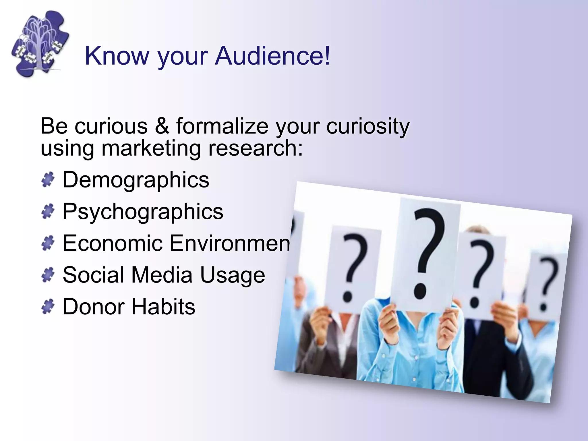 Know your Audience!
Be curious & formalize your curiosity
using marketing research:
Demographics
Psychographics
Economic Environment
Social Media Usage
Donor Habits
 