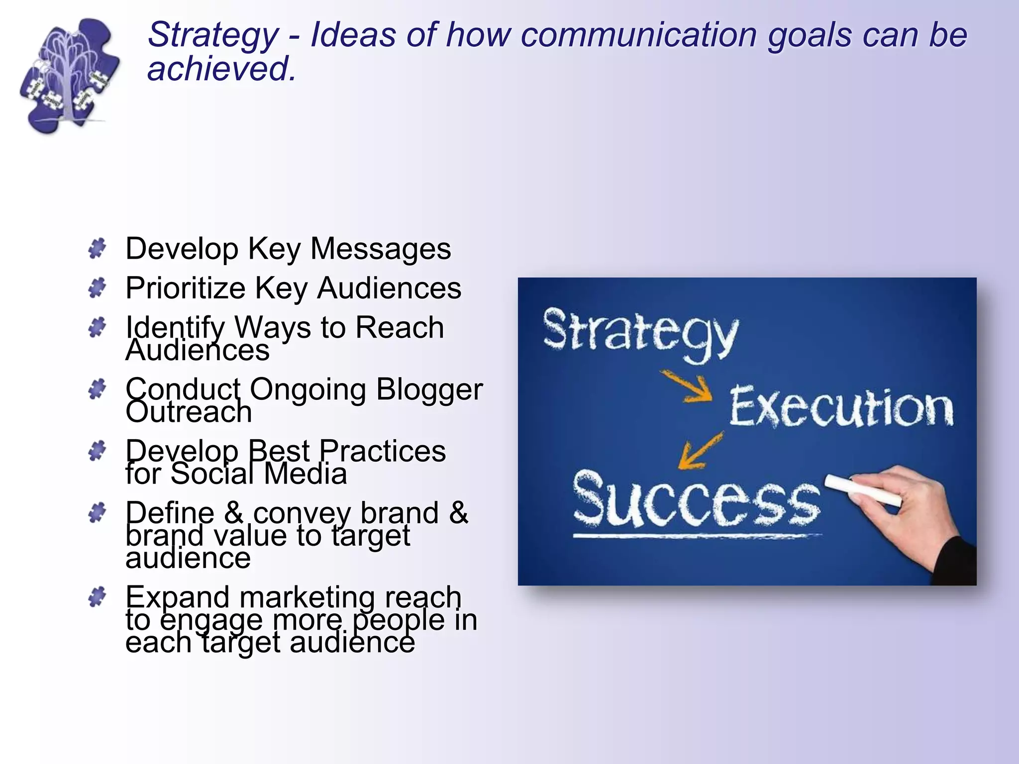 Strategy - Ideas of how communication goals can be
achieved.
Develop Key Messages
Prioritize Key Audiences
Identify Ways to Reach
Audiences
Conduct Ongoing Blogger
Outreach
Develop Best Practices
for Social Media
Define & convey brand &
brand value to target
audience
Expand marketing reach
to engage more people in
each target audience
 