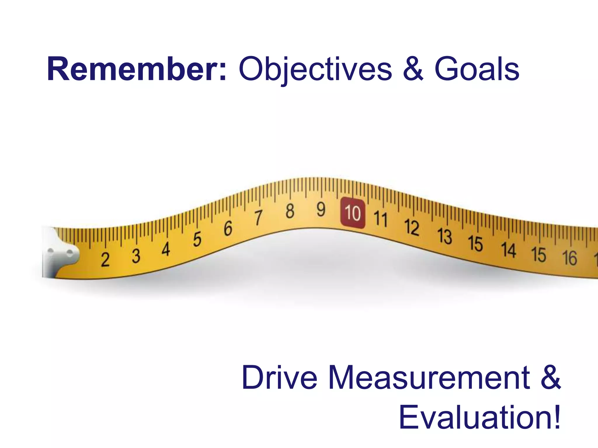 Remember: Objectives & Goals
Drive Measurement &
Evaluation!
 