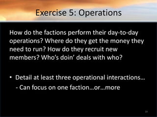 Exercise 5: Operations
How do the factions perform their day-to-day
operations? Where do they get the money they
need to run? How do they recruit new
members? Who’s doin’ deals with who?
• Detail at least three operational interactions…
- Can focus on one faction…or…more
19
 