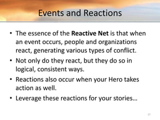 Events and Reactions
• The essence of the Reactive Net is that when
an event occurs, people and organizations
react, generating various types of conflict.
• Not only do they react, but they do so in
logical, consistent ways.
• Reactions also occur when your Hero takes
action as well.
• Leverage these reactions for your stories…
27
 