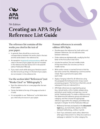 7th Edition
Creating an APA Style
Reference List Guide
The reference list contains all the
works you cited in the text of
your paper.
• In general, there should be a one-to-one
correspondence between the works cited in the text
and the works listed in the reference list.
• An exception is personal communications, which are
cited in the text of your paper but are not included
in the reference list (see Section 8.9 in the seventh
edition Publication Manual).
• If you read a work while doing your literature search
but did not end up citing it in the text of your paper,
do not include it in the reference list.
Use the section label “References” (not
“Works Cited” or “Bibliography”).
• Start the reference list on a new page after the text
of your paper.
• Center the label at the top of the page and write it
in bold.
• It is acceptable to use “Reference” as the label when
you cited only one source in your paper.
Format references in seventh
edition APA Style.
• Double-space the reference list, both within and
between references. Do not add extra lines
between references.
• Order references alphabetically, usually by the first
letter of the first author’s last name.
• Include the authors’ first and middle initials
(if they have them). Do not write out first or
middle names.
• Write author names in inverted format so that the
last name comes first, followed by a comma and the
initials. Place a period and a space after
each initial.
• Apply a hanging indent for all references using
the paragraph-formatting function of your word-
processing program: The first line is flush left, and all
subsequent lines are indented 0.5 in.
• APA Style references are organized by group
(e.g., textual works, online media), category (e.g.,
periodical, social media), and type (e.g., journal
article, Facebook post). To create a reference entry,
first determine the reference group and reference
category, and then choose the appropriate
reference type within the category and follow that
example in Chapter 10 of the Publication Manual.
° Reference formats are based on the document
type (e.g., journal article, report), not the
retrieval method (e.g., online, in print).
° Even if you retrieved a work online, determine
what type of document it is. Only cite a work as a
webpage or website if no other category fits.
 
