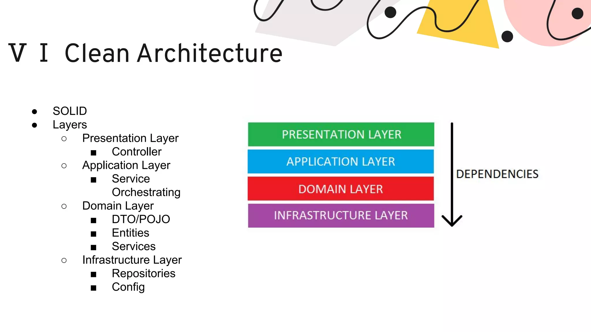 ⅤⅠ Clean Architecture ● SOLID ● Layers ○ Presentation Layer ■ Controller ○ Application Layer ■ Service Orchestrating ○ Domain Layer ■ DTO/POJO ■ Entities ■ Services ○ Infrastructure Layer ■ Repositories ■ Config 