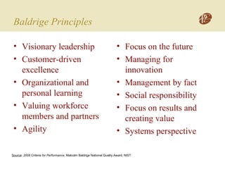Baldrige Principles
• Visionary leadership
• Customer-driven
excellence
• Organizational and
personal learning
• Valuing workforce
members and partners
• Agility
• Focus on the future
• Managing for
innovation
• Management by fact
• Social responsibility
• Focus on results and
creating value
• Systems perspective
Source: 2008 Criteria for Performance, Malcolm Baldrige National Quality Award, NIST
 