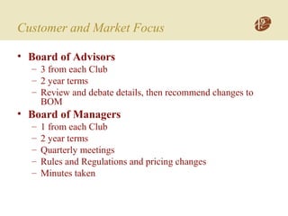 Customer and Market Focus
• Board of Advisors
– 3 from each Club
– 2 year terms
– Review and debate details, then recommend changes to
BOM
• Board of Managers
– 1 from each Club
– 2 year terms
– Quarterly meetings
– Rules and Regulations and pricing changes
– Minutes taken
 
