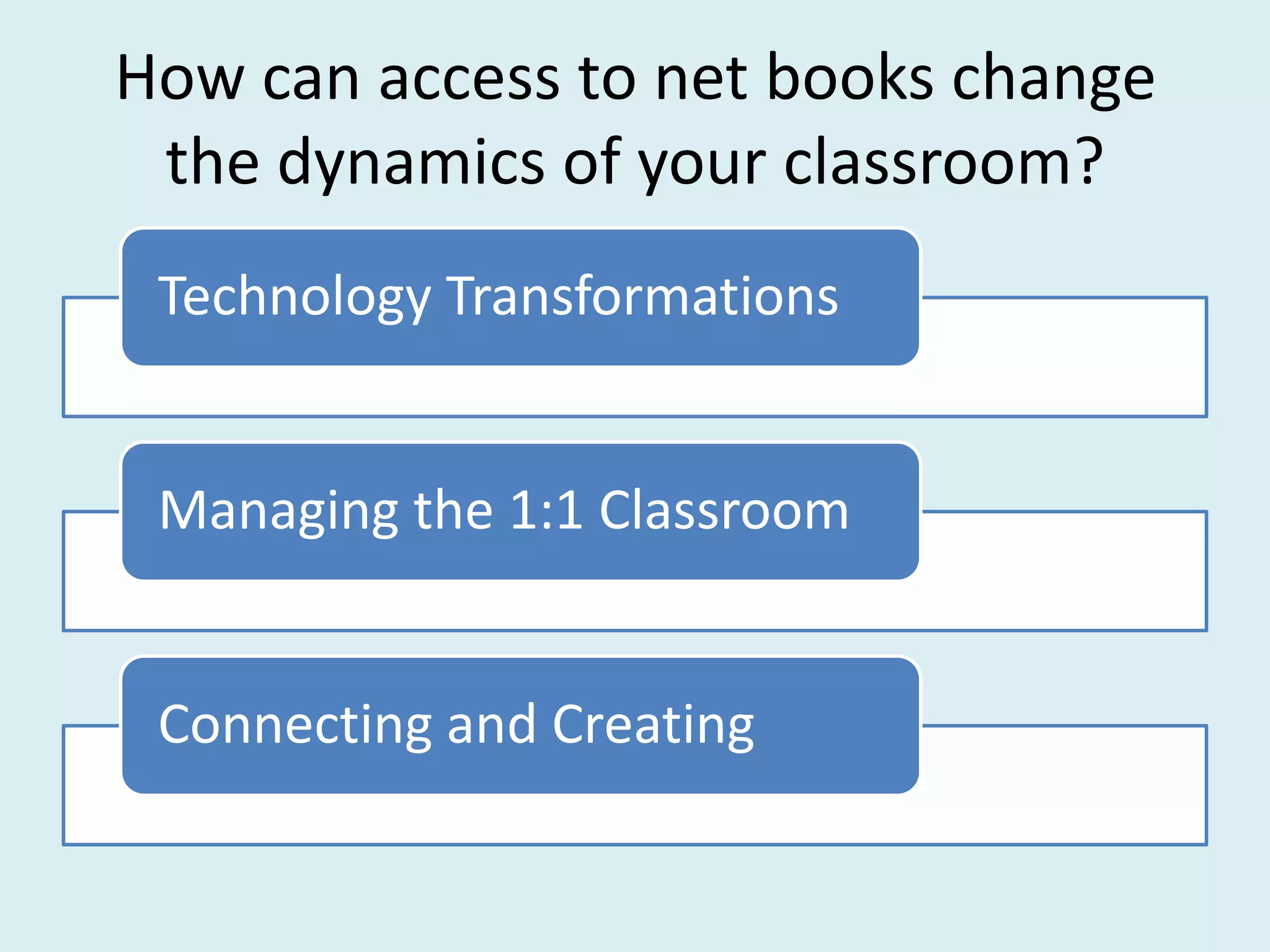 How can access to net books change
 the dynamics of your classroom?
 Technology Transformations


 Managing the 1:1 Classroom


 Connecting and Creating
 