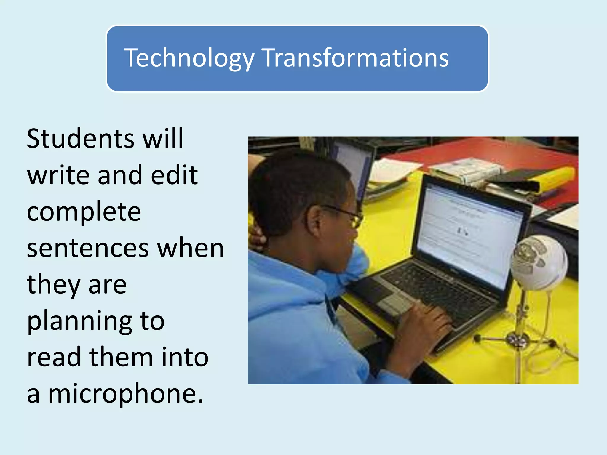 Technology Transformations

Students will
write and edit
complete
sentences when
they are
planning to
read them into
a microphone.
 