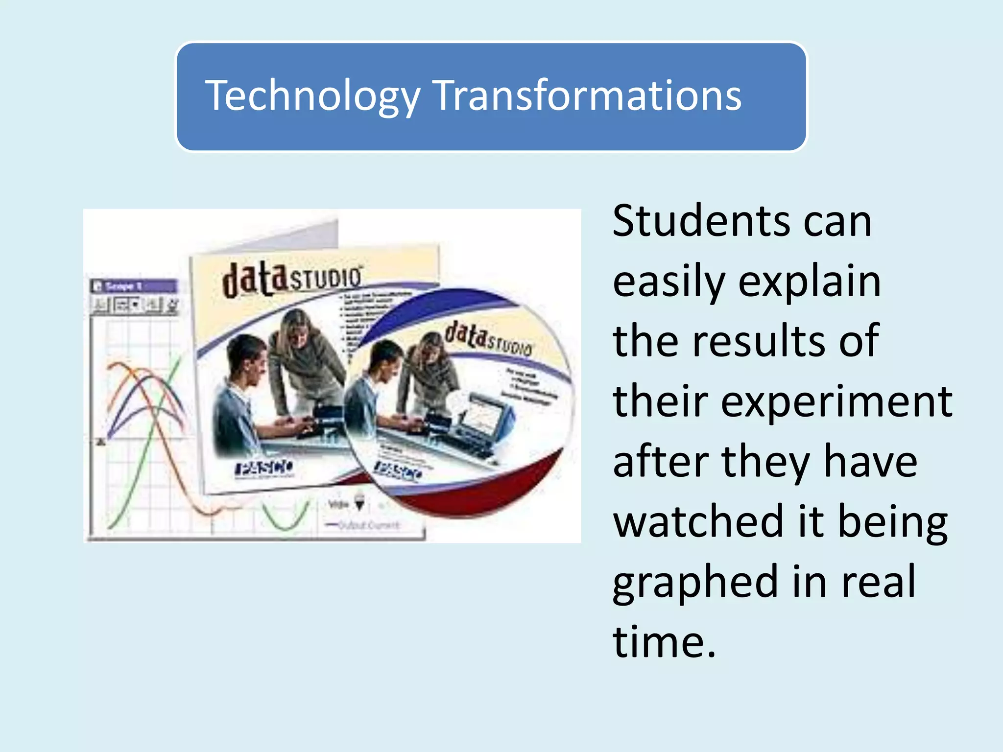 Technology Transformations

                   Students can
                   easily explain
                   the results of
                   their experiment
                   after they have
                   watched it being
                   graphed in real
                   time.
 
