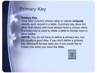 Primary Key Primary Key  One field (column) whose value or values  uniquely  identify each record in a table. A primary key does not allow Null values and must always have a unique value. A primary key is used to relate a table to foreign keys in other tables.  NOTE:  You do not have to define a primary key, but it's usually a good idea. If you don't define a primary key, Microsoft Access asks you if you would like to create one when you save the table.  