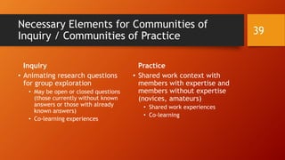 Online Learning Communities (cont.)
• Examples:
• A formal OLC may be those linked to university- and college-provided
courses.
• A nonformal one may be a group of writers who met through a non-credit
community-based writing course.
• An informal online learning community may coalesce around an image-
sharing social media platform grouping of travel photography.
39
 