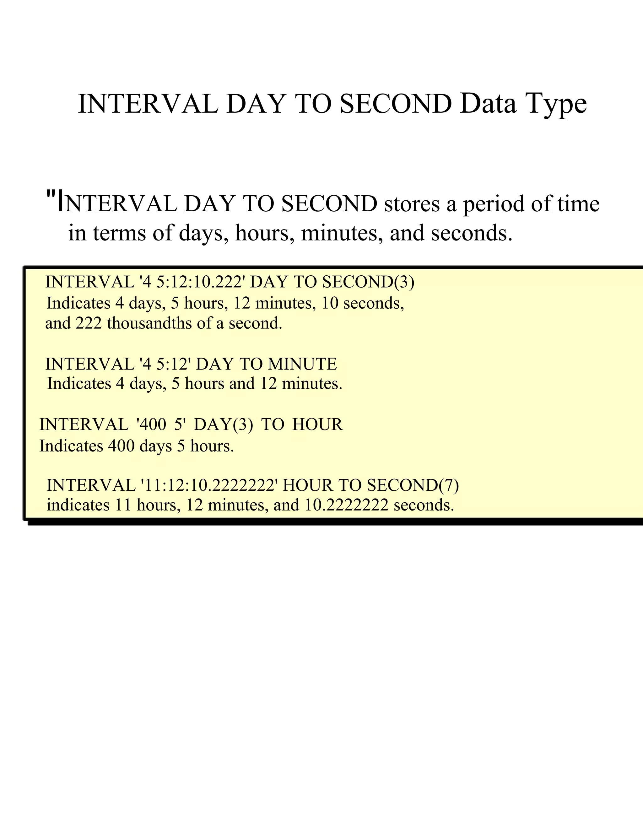 INTERVAL DAY TO SECOND   Data Type  "I NTERVAL DAY TO SECOND  s tores a period of time  in terms of days, hours, minutes, and seconds.  INTERVAL '4 5:12:10.222' DAY TO SECOND(3)  Indicates 4 days, 5 hours, 12 minutes, 10 seconds,  and 222 thousandths of a second.  INTERVAL '4 5:12' DAY TO MINUTE  Indicates 4 days, 5 hours and 12 minutes.  INTERVAL '400 5' DAY(3) TO HOUR Indicates 400 days 5 hours.  INTERVAL '11:12:10.2222222' HOUR TO SECOND(7)  indicates 11 hours, 12 minutes, and 10.2222222 seconds.  