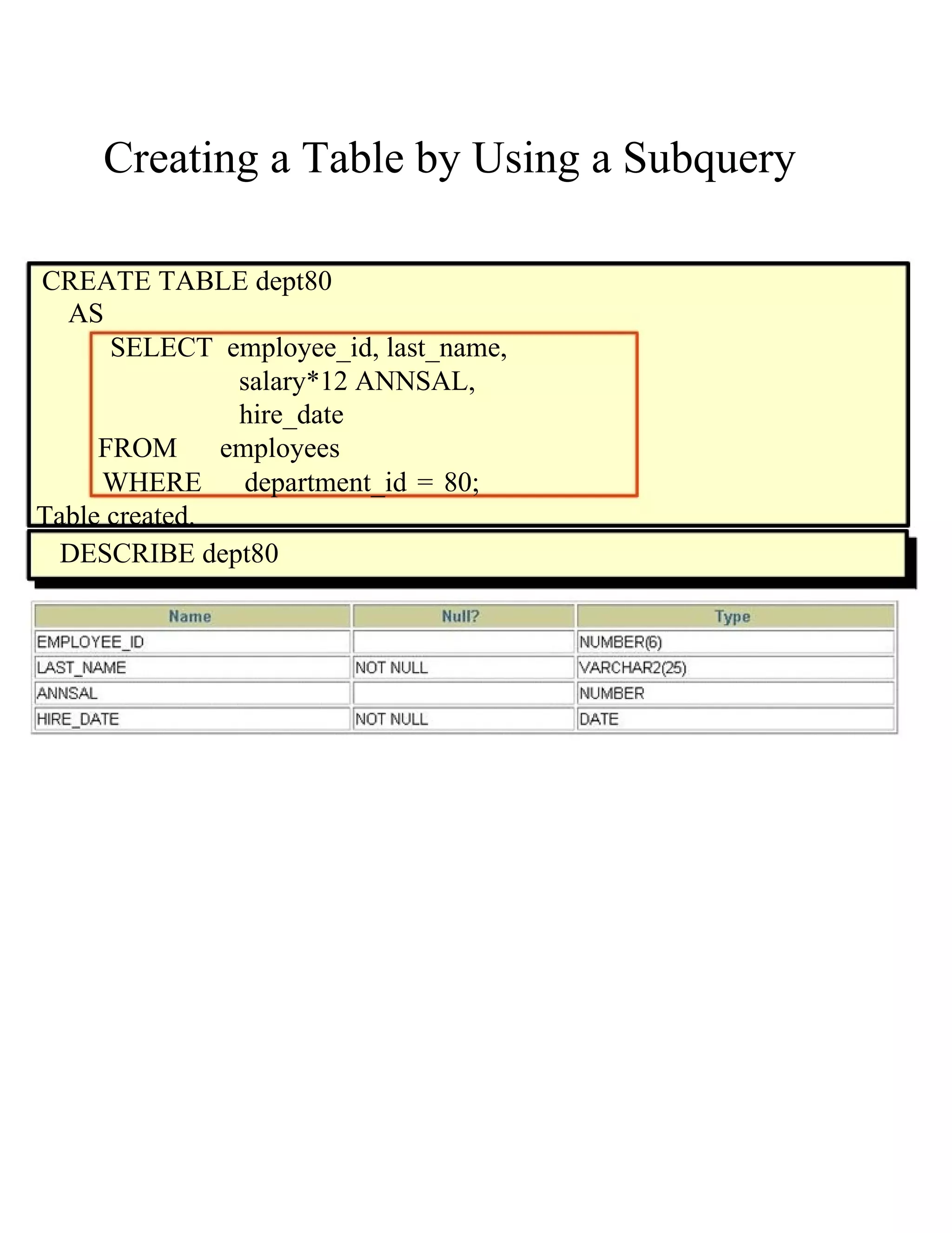 Creating a Table by Using a Subquery  CREATE TABLE dept80  AS  SELECT  employee_id, last_name,  salary*12 ANNSAL,  hire_date  FROM  employees  WHERE  department_id = 80; Table created.  DESCRIBE dept80  