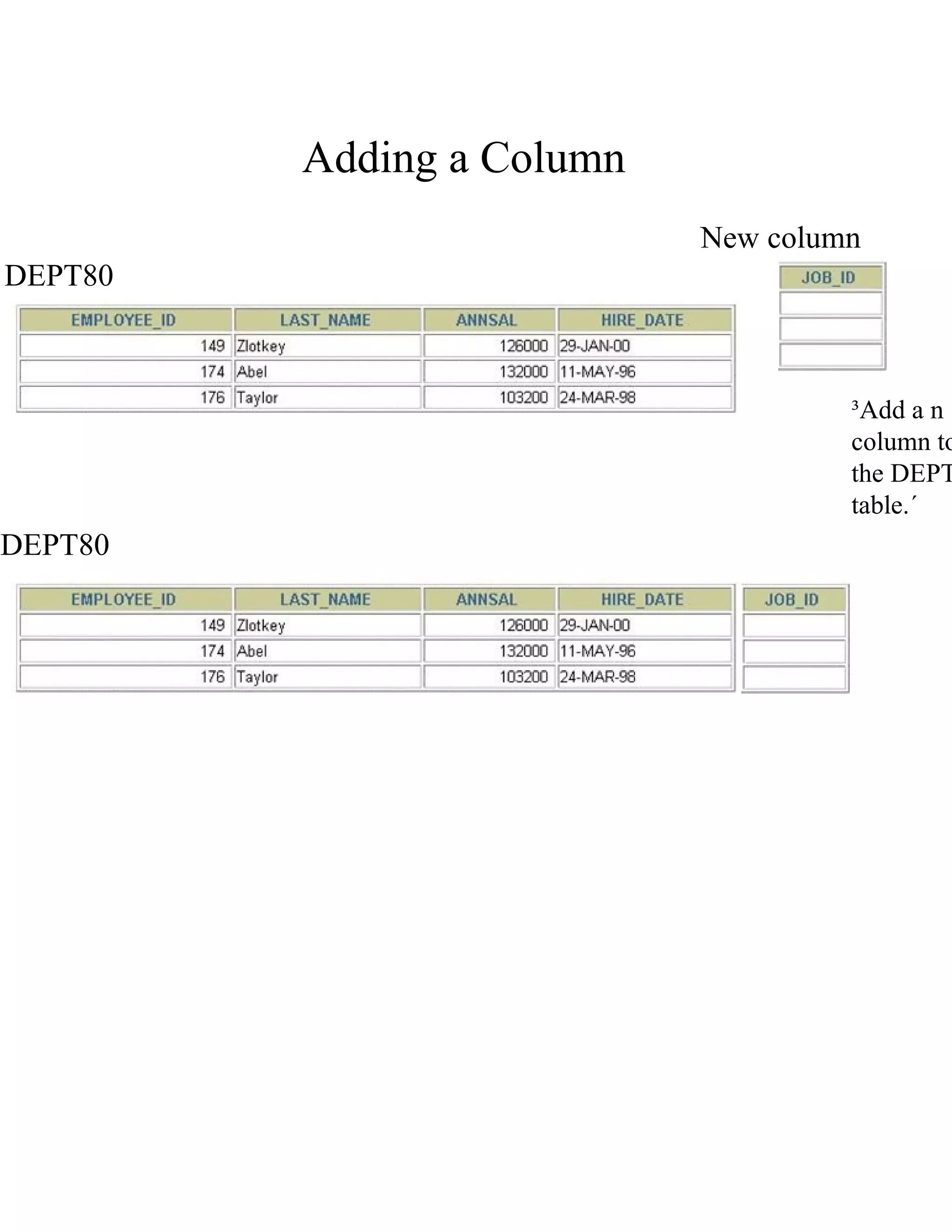 Adding a Column  New column  DEPT80  ³Add a n column to the   DEPT table.´  DEPT80  