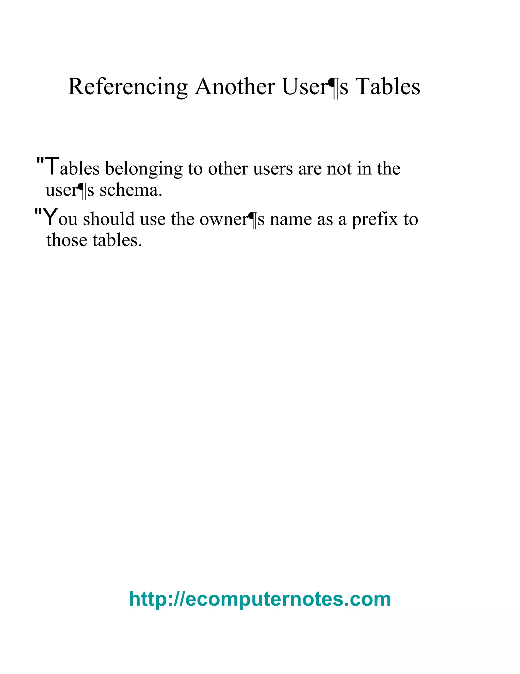 Referencing Another User¶s Tables  "T ables belonging to other users are not in the  user¶s schema.  "Y ou should use the owner¶s name as a prefix to  those tables.  http://ecomputernotes.com 