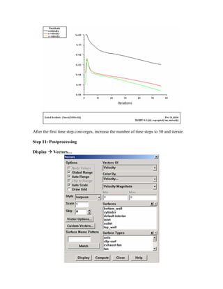 After the first time step converges, increase the number of time steps to 50 and iterate.
Step 11: Postprocessing
Display Æ Vectors…
 