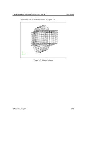 CREATING AND MESHING BASIC GEOMETRY Procedure
© Fluent Inc., Sep-04 1-15
The volume will be meshed as shown in Figure 1-7.
Figure 1-7: Meshed volume
 