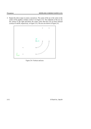 Procedure MODELING A MIXING ELBOW (2-D)
2-12 © Fluent Inc., Sep-04
2. Repeat the above steps to create a second arc. The center of the arc is the vertex in the
center of the graphics window (vertex E in Figure 2-5). The endpoints of the arc are
the vertices to the right and below the center vertex that have not yet been selected
(vertices G and B, respectively, in Figure 2-5). The arcs are shown in Figure 2-6.
Figure 2-6: Vertices and arcs
 