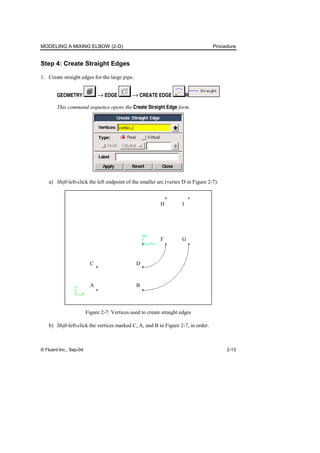 MODELING A MIXING ELBOW (2-D) Procedure
© Fluent Inc., Sep-04 2-13
Step 4: Create Straight Edges
1. Create straight edges for the large pipe.
GEOMETRY → EDGE → CREATE EDGE R
This command sequence opens the Create Straight Edge form.
a) Shift-left-click the left endpoint of the smaller arc (vertex D in Figure 2-7).
A
D
C
B
F G
H I
Figure 2-7: Vertices used to create straight edges
b) Shift-left-click the vertices marked C, A, and B in Figure 2-7, in order.
 