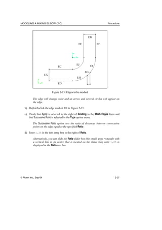 MODELING A MIXING ELBOW (2-D) Procedure
© Fluent Inc., Sep-04 2-27
EA
ED
EC
EG
EH
EI
EJ
EB
EF
EE
Figure 2-15: Edges to be meshed
The edge will change color and an arrow and several circles will appear on
the edge.
b) Shift-left-click the edge marked EB in Figure 2-15.
c) Check that Apply is selected to the right of Grading in the Mesh Edges form and
that Successive Ratio is selected in the Type option menu.
The Successive Ratio option sets the ratio of distances between consecutive
points on the edge equal to the specified Ratio.
d) Enter 1.25 in the text entry box to the right of Ratio.
Alternatively, you can slide the Ratio slider box (the small, gray rectangle with
a vertical line in its center that is located on the slider bar) until 1.25 is
displayed in the Ratio text box.
 