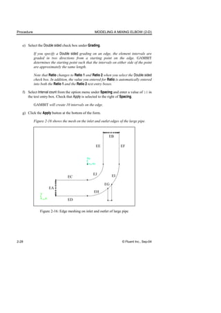 Procedure MODELING A MIXING ELBOW (2-D)
2-28 © Fluent Inc., Sep-04
e) Select the Double sided check box under Grading.
If you specify a Double sided grading on an edge, the element intervals are
graded in two directions from a starting point on the edge. GAMBIT
determines the starting point such that the intervals on either side of the point
are approximately the same length.
Note that Ratio changes to Ratio 1 and Ratio 2 when you select the Double sided
check box. In addition, the value you entered for Ratio is automatically entered
into both the Ratio 1 and the Ratio 2 text entry boxes.
f) Select Interval count from the option menu under Spacing and enter a value of 10 in
the text entry box. Check that Apply is selected to the right of Spacing.
GAMBIT will create 10 intervals on the edge.
g) Click the Apply button at the bottom of the form.
Figure 2-16 shows the mesh on the inlet and outlet edges of the large pipe.
EA
ED
EC
EG
EH
EI
EJ
EF
EE
EB
Figure 2-16: Edge meshing on inlet and outlet of large pipe
 