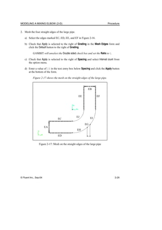 MODELING A MIXING ELBOW (2-D) Procedure
© Fluent Inc., Sep-04 2-29
2. Mesh the four straight edges of the large pipe.
a) Select the edges marked EC, ED, EE, and EF in Figure 2-16.
b) Check that Apply is selected to the right of Grading in the Mesh Edges form and
click the Default button to the right of Grading.
GAMBIT will unselect the Double sided check box and set the Ratio to 1.
c) Check that Apply is selected to the right of Spacing and select Interval count from
the option menu.
d) Enter a value of 15 in the text entry box below Spacing and click the Apply button
at the bottom of the form.
Figure 2-17 shows the mesh on the straight edges of the large pipe.
EA
ED
EC
EG
EH
EI
EJ
EF
EE
EB
Figure 2-17: Mesh on the straight edges of the large pipe
 